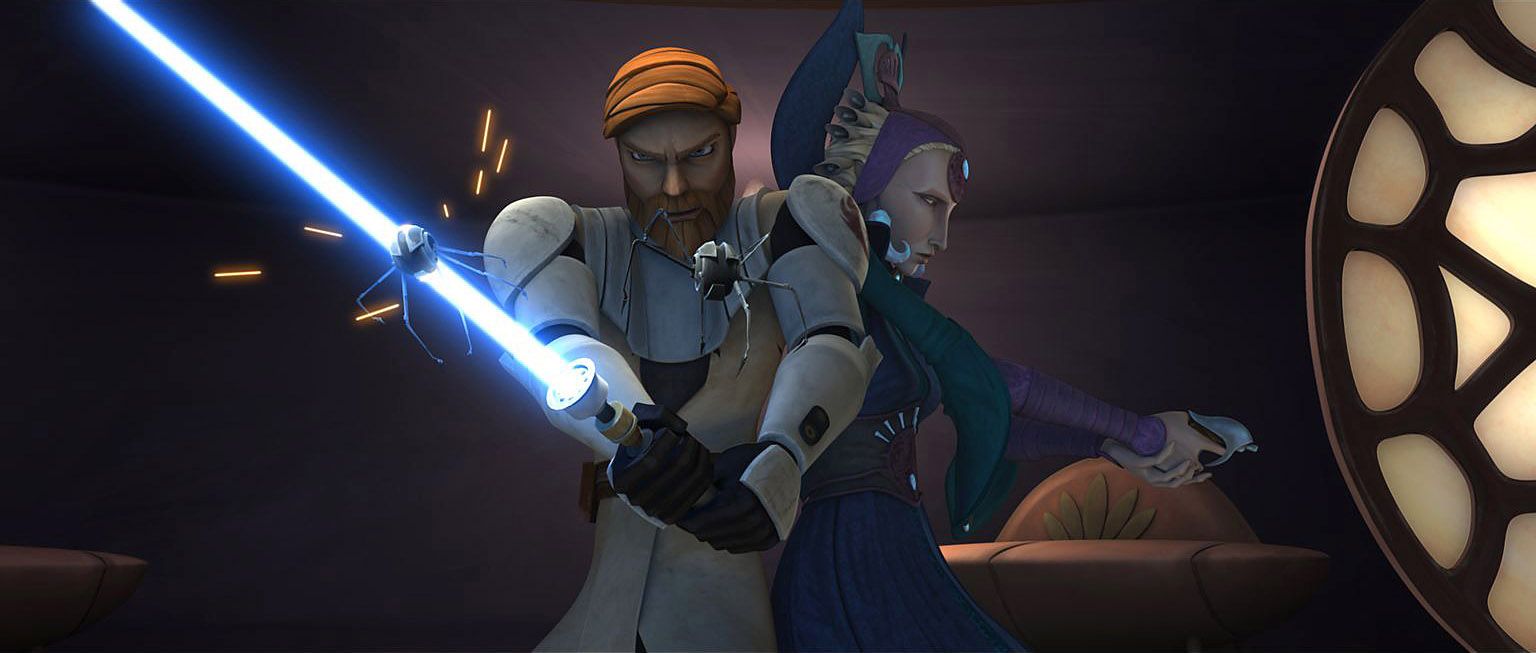 Obi-Wan Kenobi and Satine Kryze fend off assassin droids Star Wars: Clone Wars
