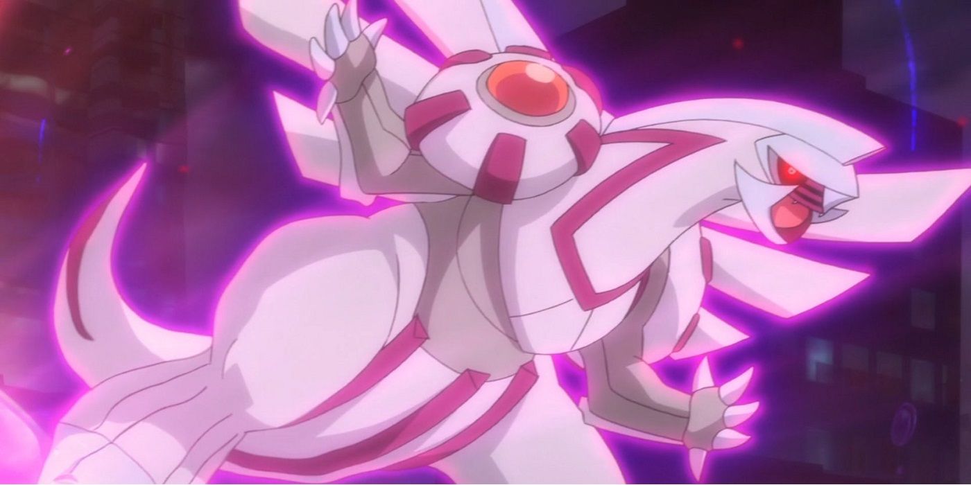 Palkia roaring and glowing with a pink aura in the Pokemon anime.