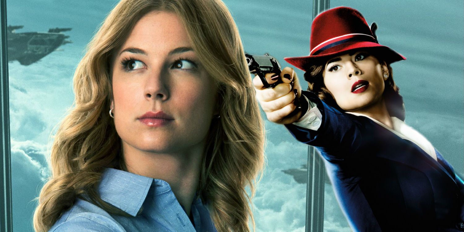 Sharon Carter staring into the distance in Captain America: The Winter Soldier promotional artwork paired with Peggy Carter in her red hat pointing a gun in Agent Carter promotional artwork