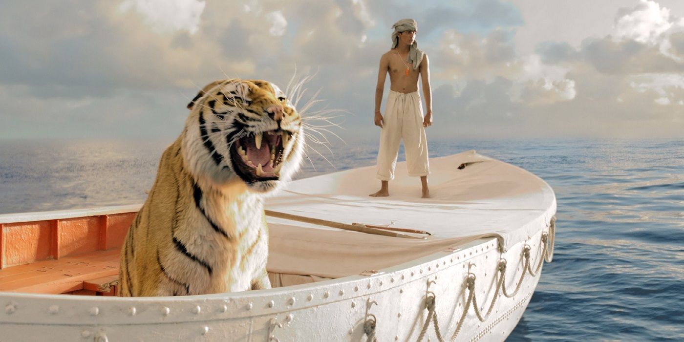 Pi e seu tigre em Life of Pi em seu barco