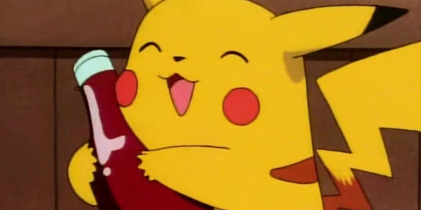 Pikachu happily hugging a ketchup bottle in the Pokémon anime