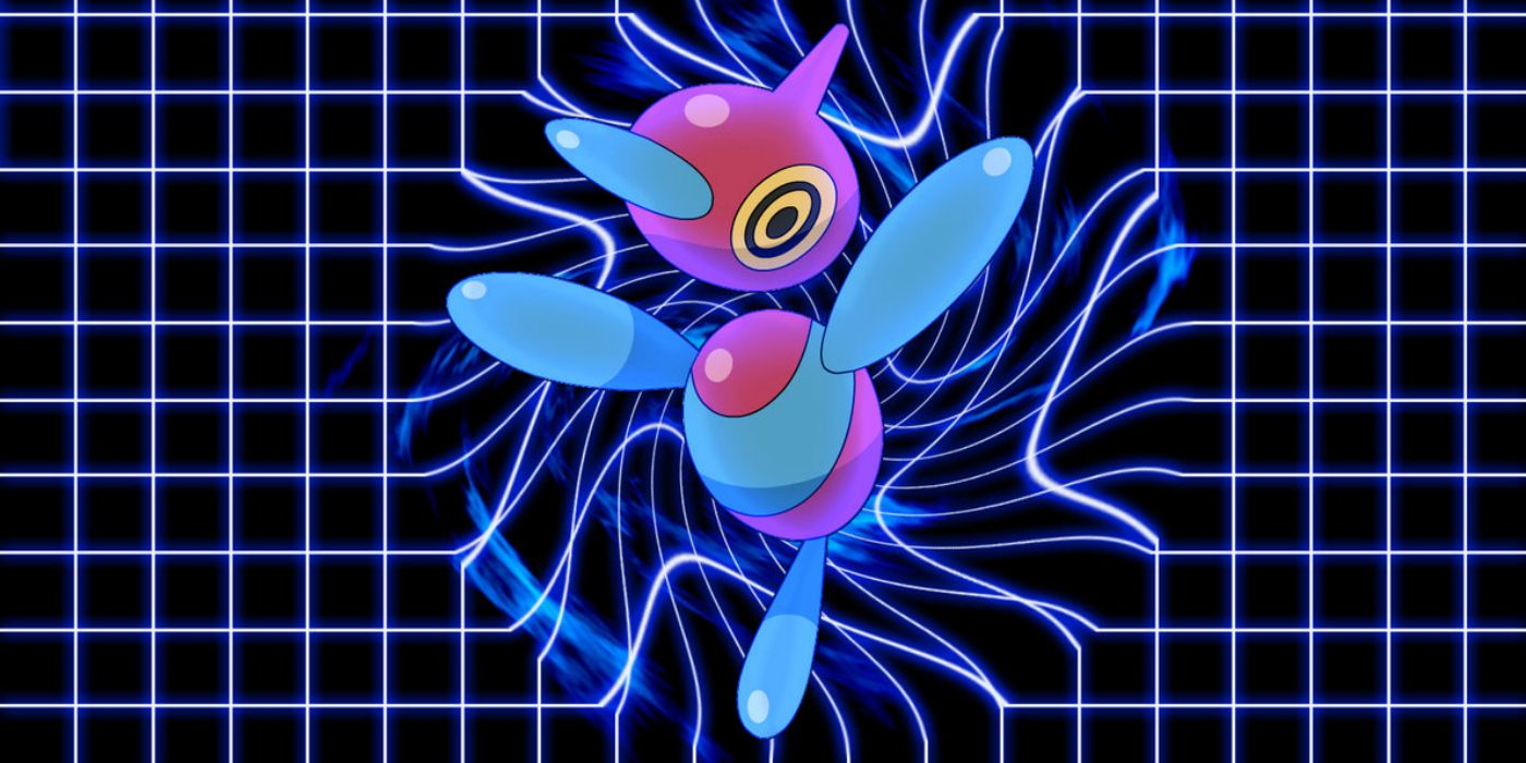 Porygon Z from Pokemon on a warped web background