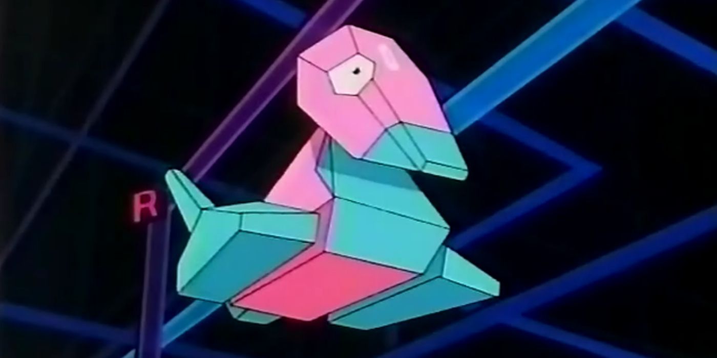 Porygon floating in cyber-space in the Pokémon anime