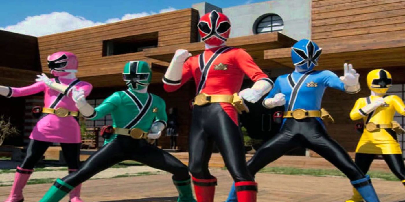 Pink, Green, Red, Blue, and Yellow Rangers standing together in Power Rangers Samurai