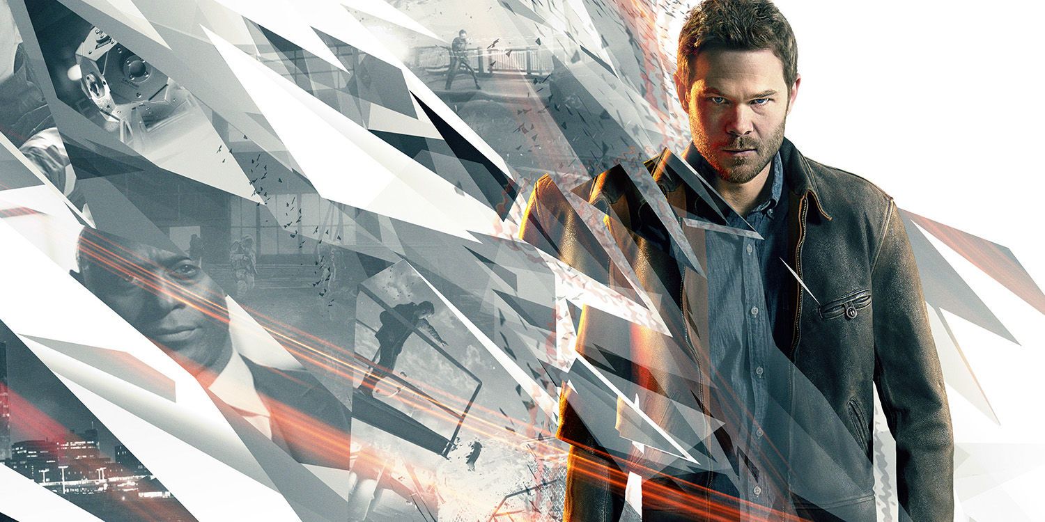 Quantum Break promo art featuring the protagonist and shards containing reflections of scenes and characters.