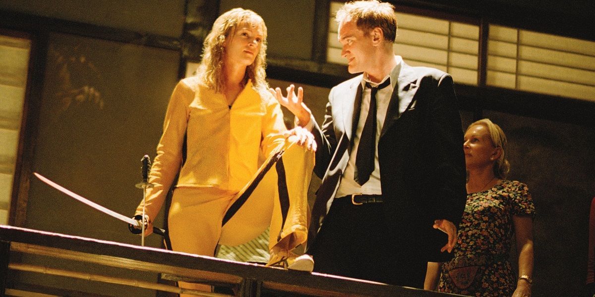Uma Thurman and director Quentin Tarantino on the set of Quentin Tarantino's KILL BILL.
