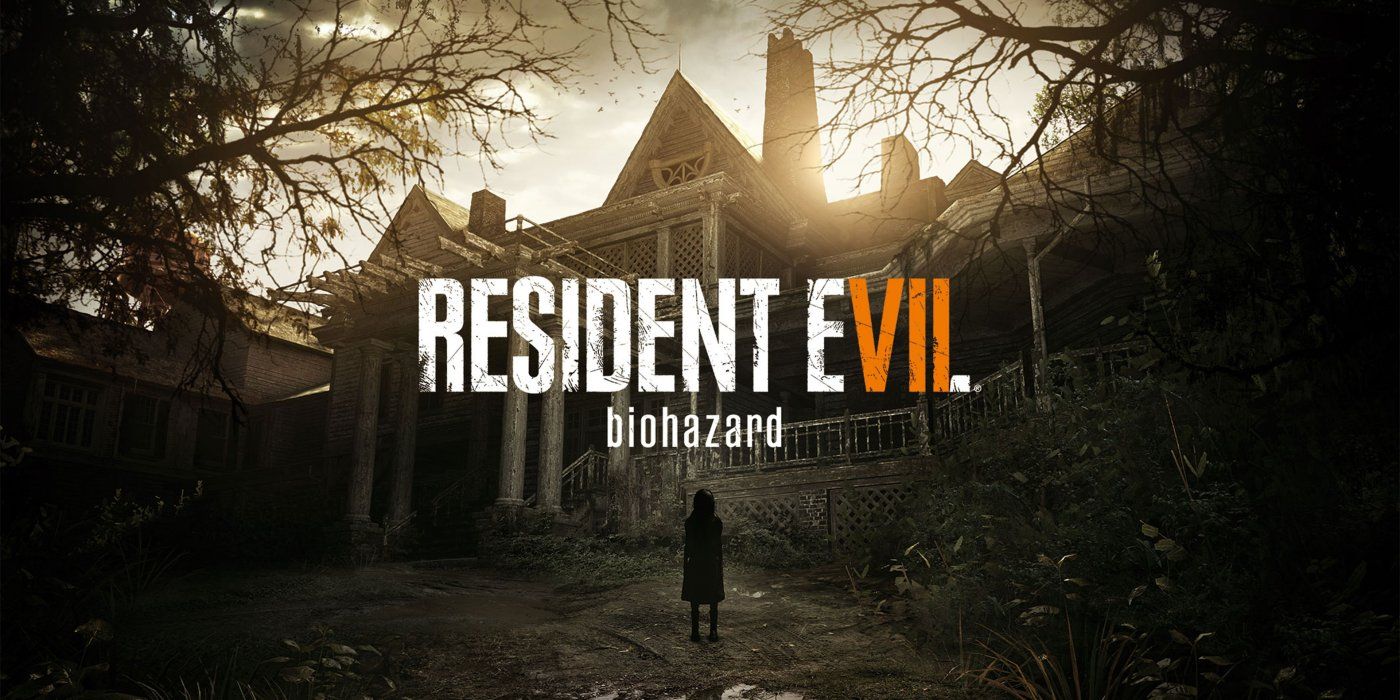 Resident Evil 7 key art featuring the silhouette of a mysterious girl and the Baker estate.