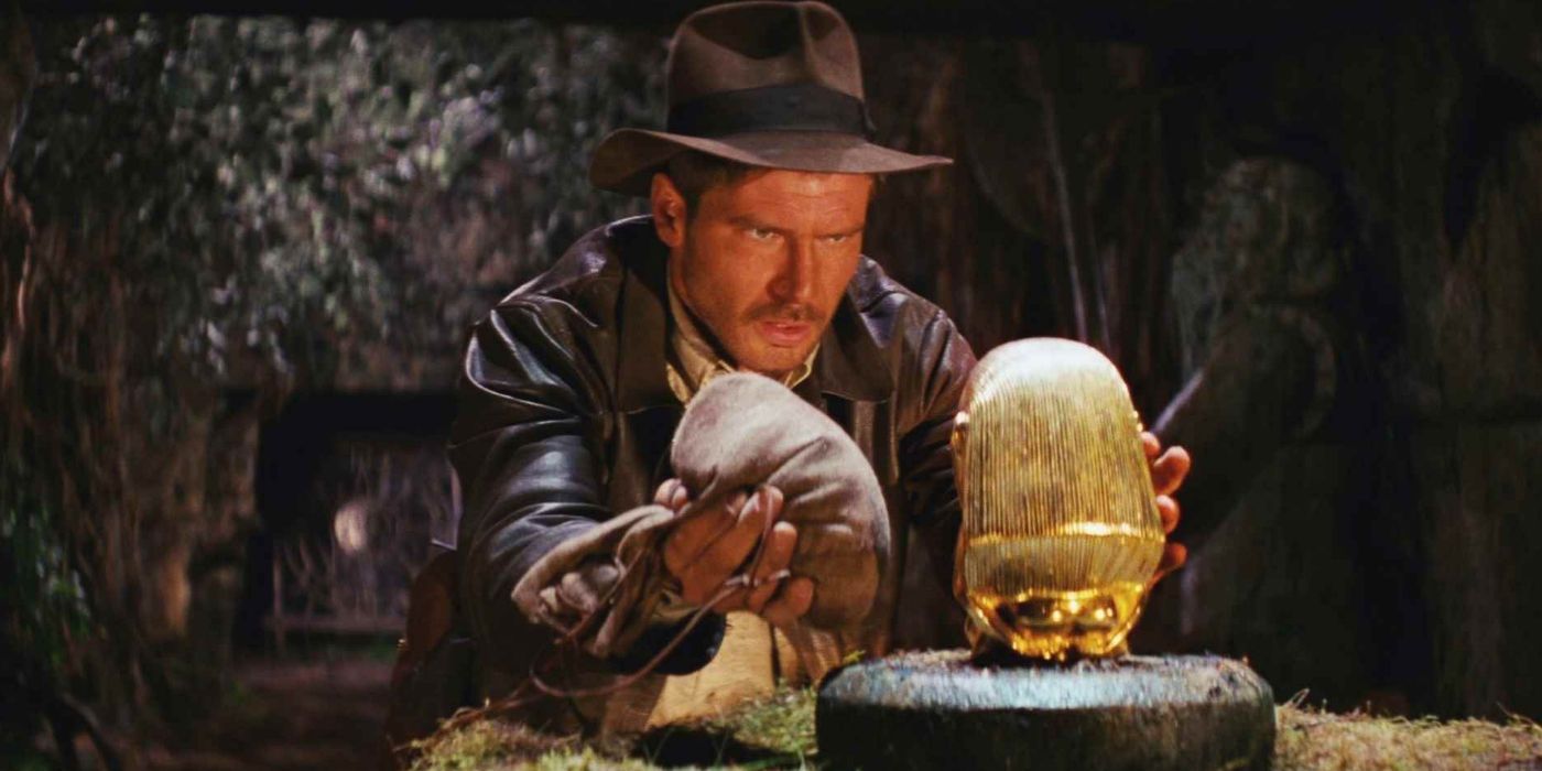 Harrison Ford as Indiana Jones in a temple in Raiders of the Lost Ark