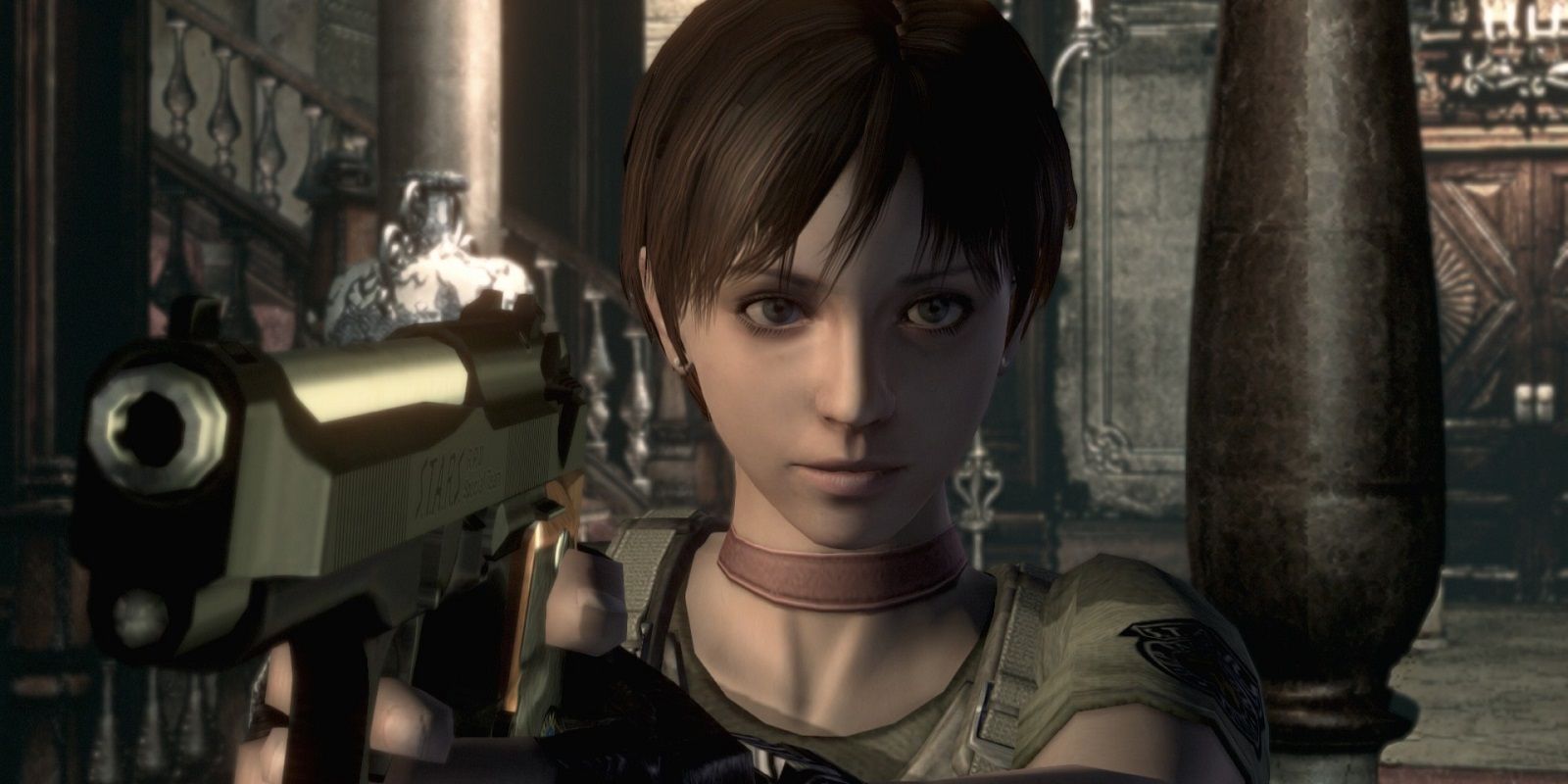 Rebecca Chambers points two guns in Resident Evil