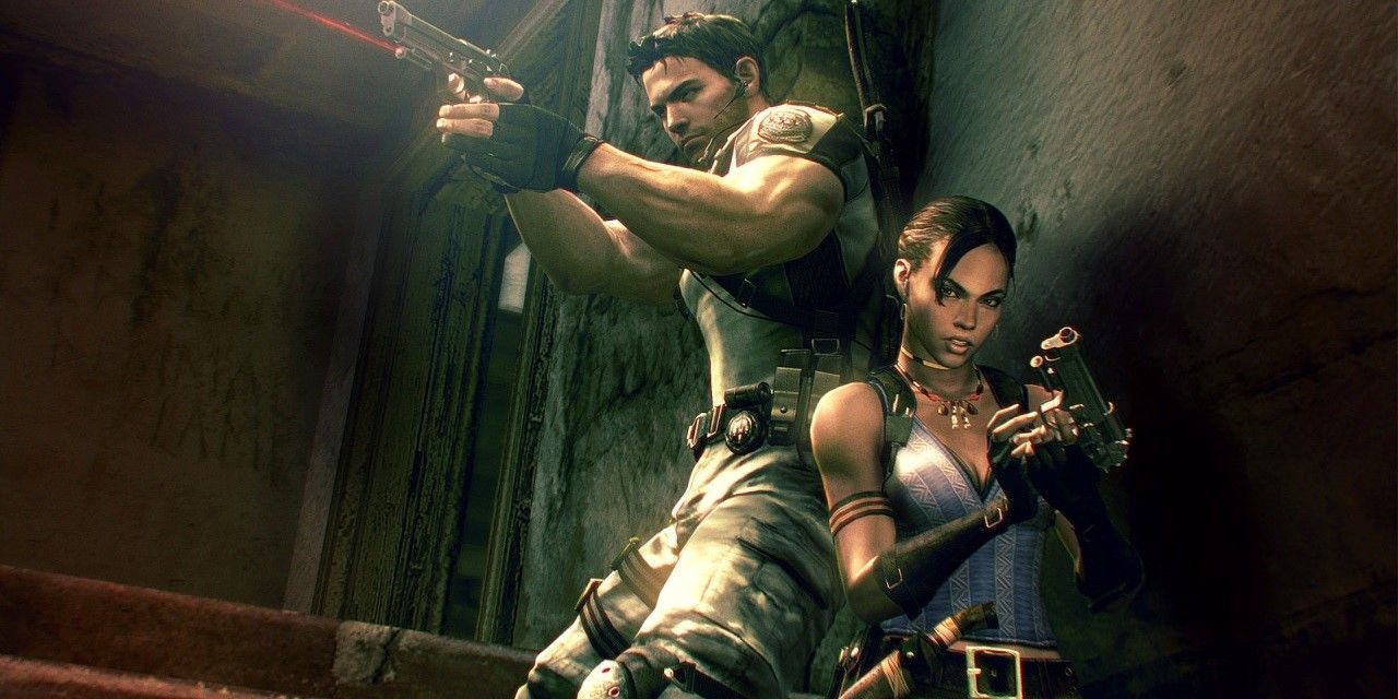 Resident Evil 5 Chris against a wall aiming his pistol next to Sheva