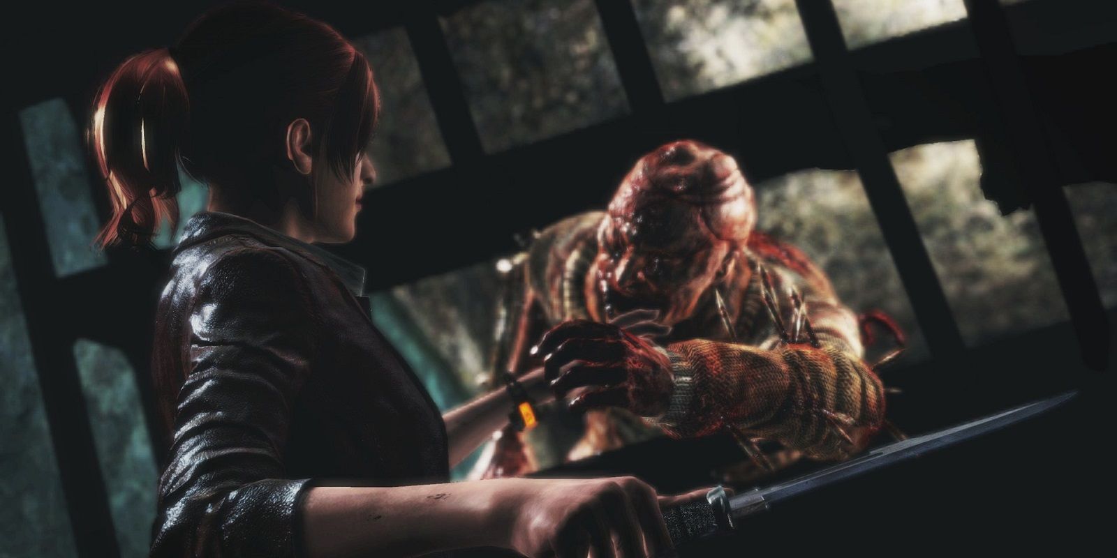 Claire Redfield encountering a zombie in Resident Evil Revelations 2 (2015)
