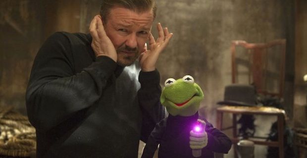 Ricky Gervais and Constantine in 'Muppets Most Wanted'