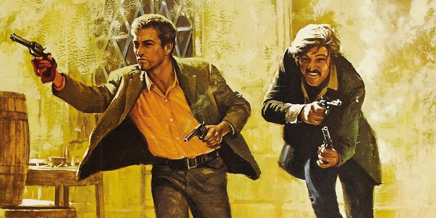 Paul Newman and Robert Redford as Butch Cassidy and the Sundance Kid engaging the Bolivian Army in the middle of an empty town at the end of Butch Cassidy and the Sundance Kid