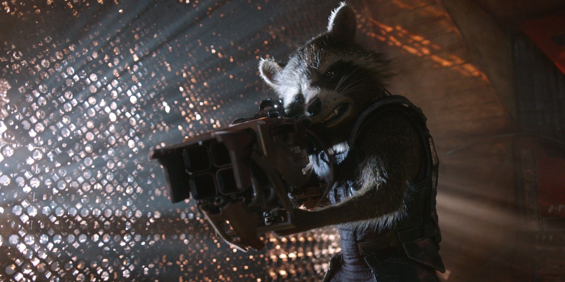 Rocket Racoon pointing his gun down in Guardians of the Galaxy