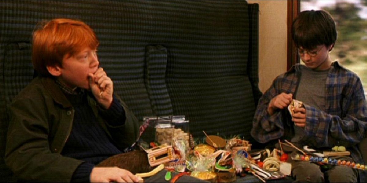 Ron and Harry eat on the Hogwarts Express in Harry Potter