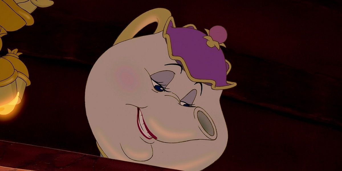 Mrs. Potts smiling in the animated Beauty and the Beast