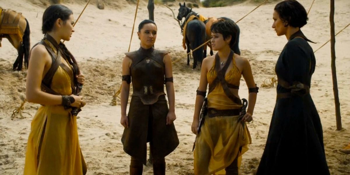 The Sand Snakes standing in the desert in Dorne in Game of Thrones