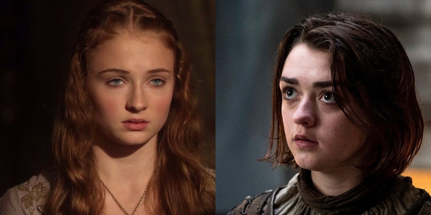 Sansa Stark played by Sophie Turner and her sister Arya Stark played by Maisie Williams on Game of Thrones