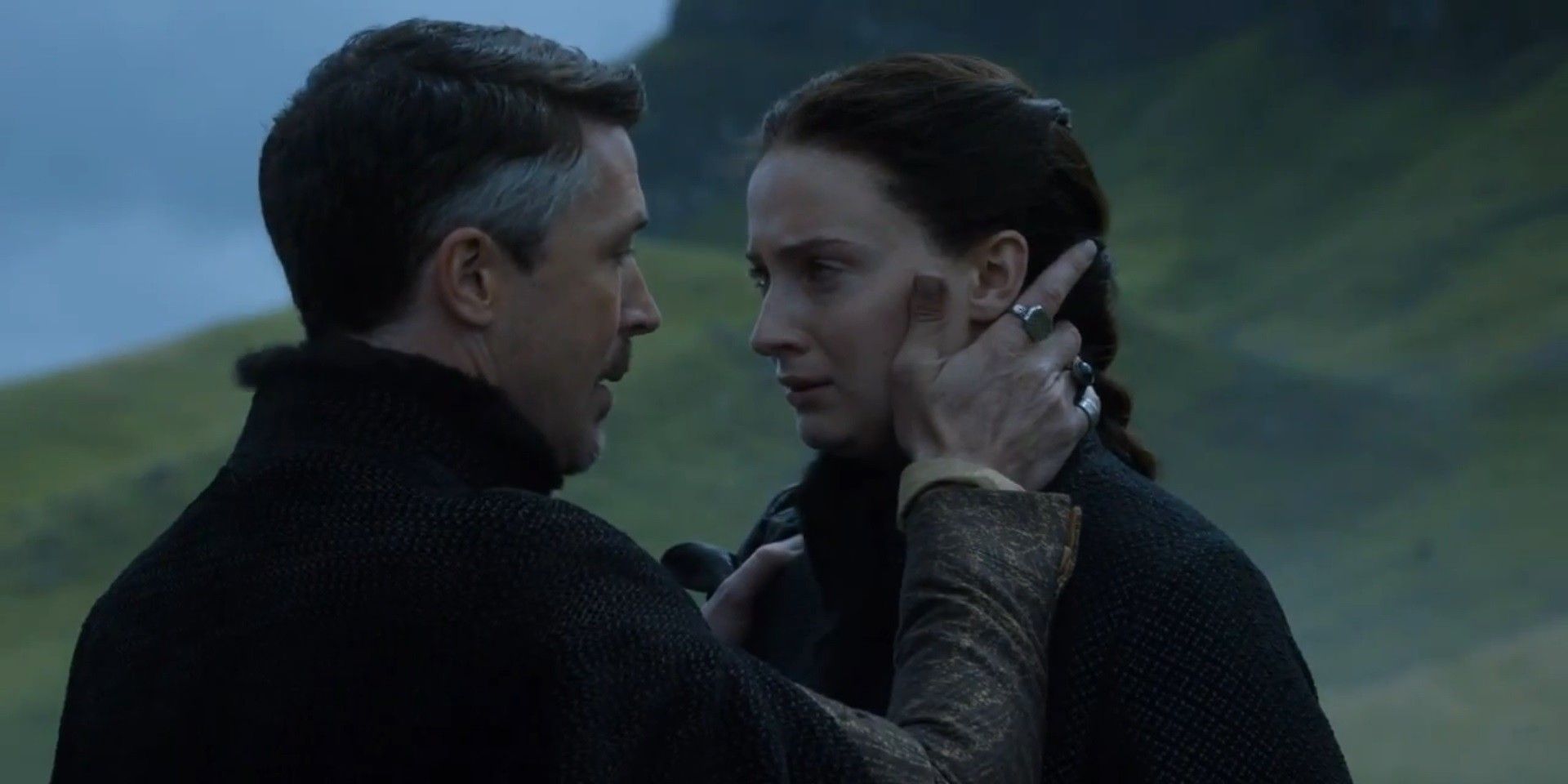 Littlefinger touching Sansa's face in Game of Thrones