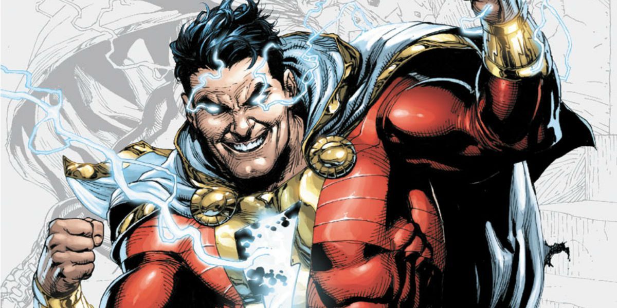 Shazam sorrindo com relâmpagos saindo de seus olhos e peito na DC Comics.