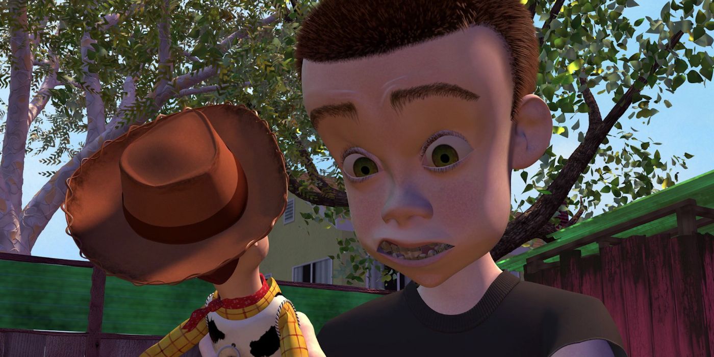 Sid looking at Woody in terror in Toy Story