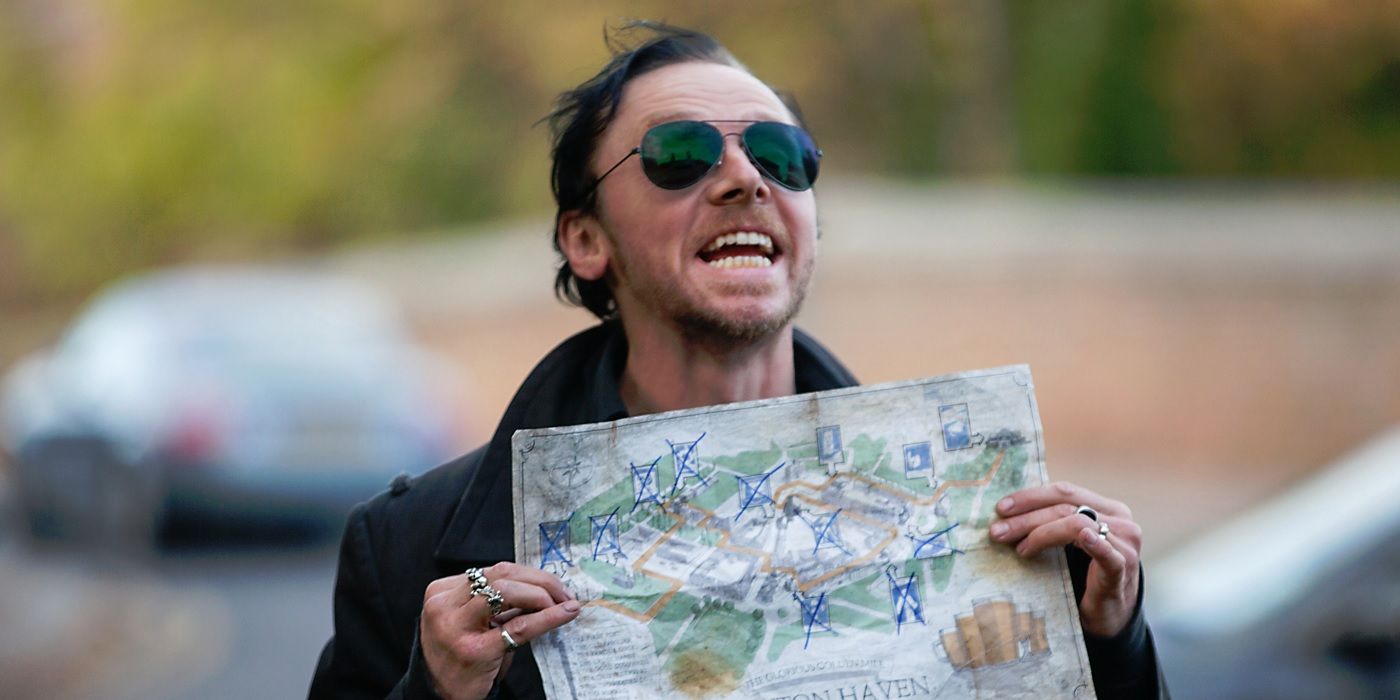 Simon Pegg with the pub crawl map in The World's End