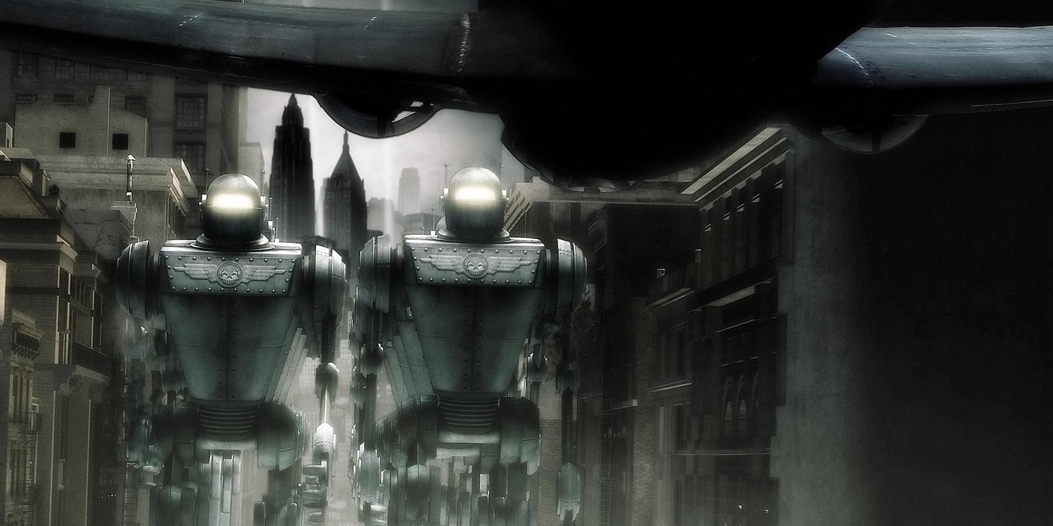 Robôs passeiam por Nova York em Sky Captain and the World of Tomorrow