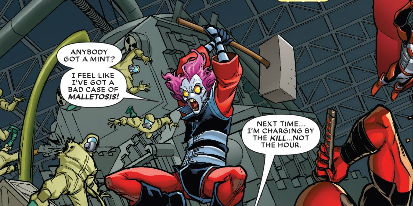 Pastelão segurando um martelo gigante e atacando nos quadrinhos da Marvel