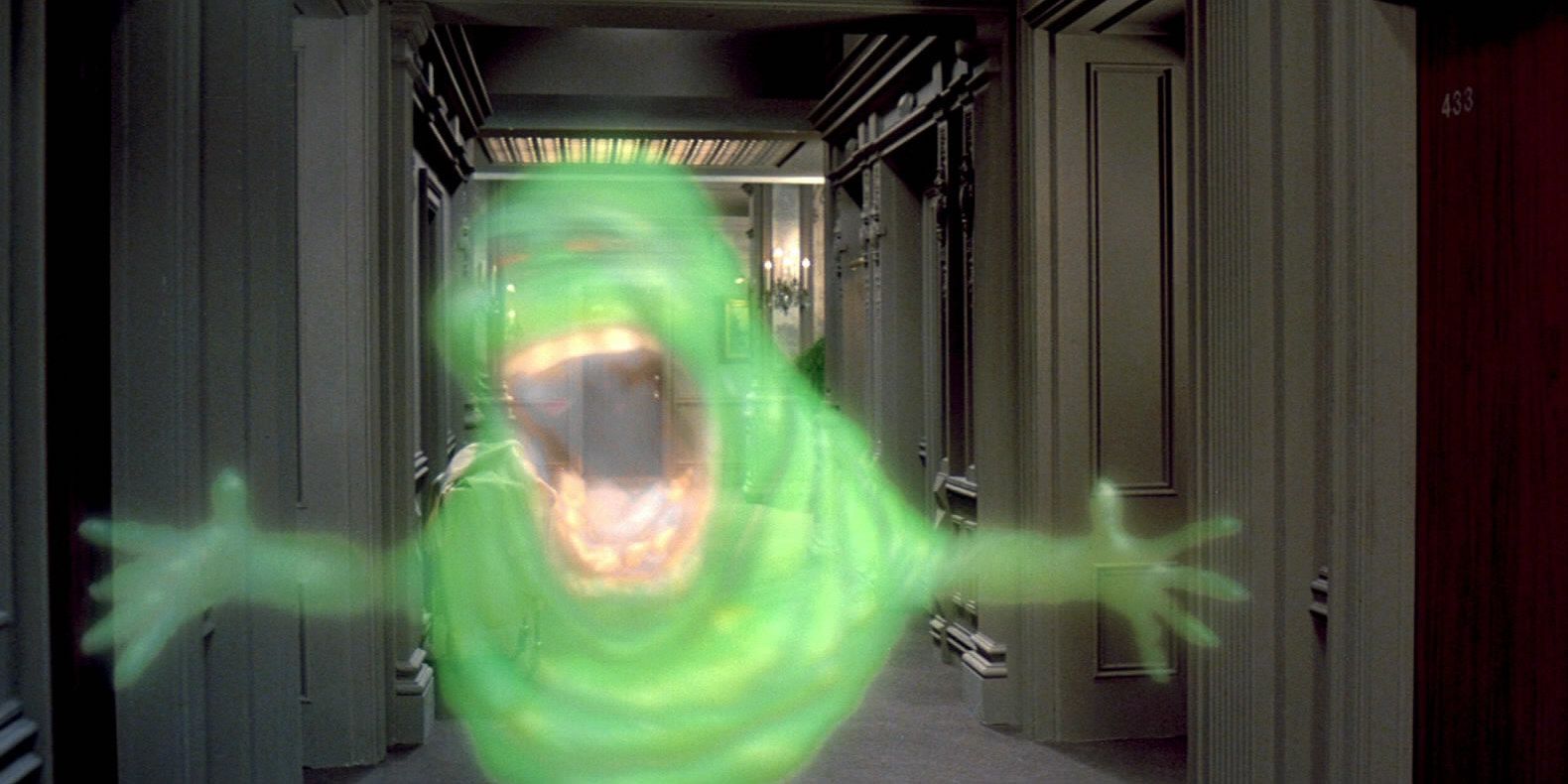 Slimer the ghost screaming and approaching in Ghostbusters