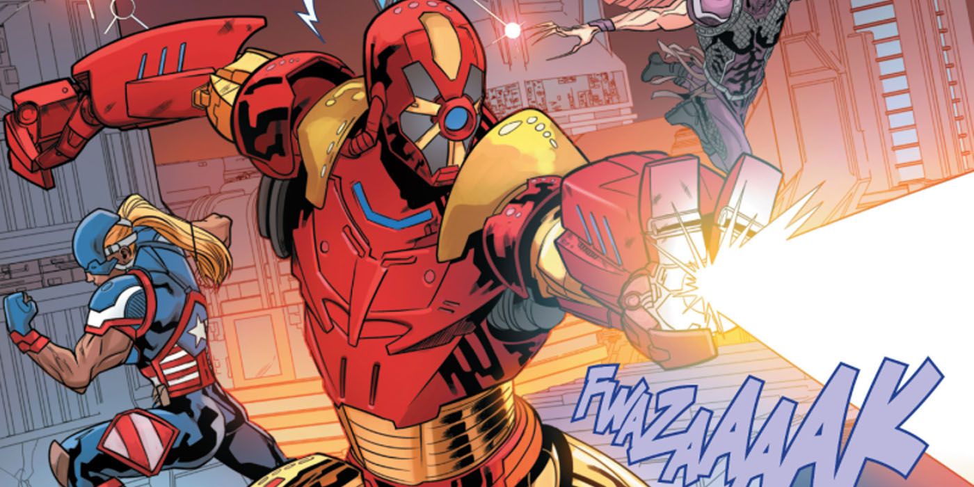 Sonny Firsco como Homem de Ferro dispara uma explosão de energia na história em quadrinhos de Secret Wars 2099.