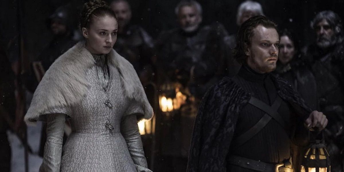 Sophie Turner as Sansa Stark Alfie Allen as Theon Greyjoy in Game of Thrones Season 5