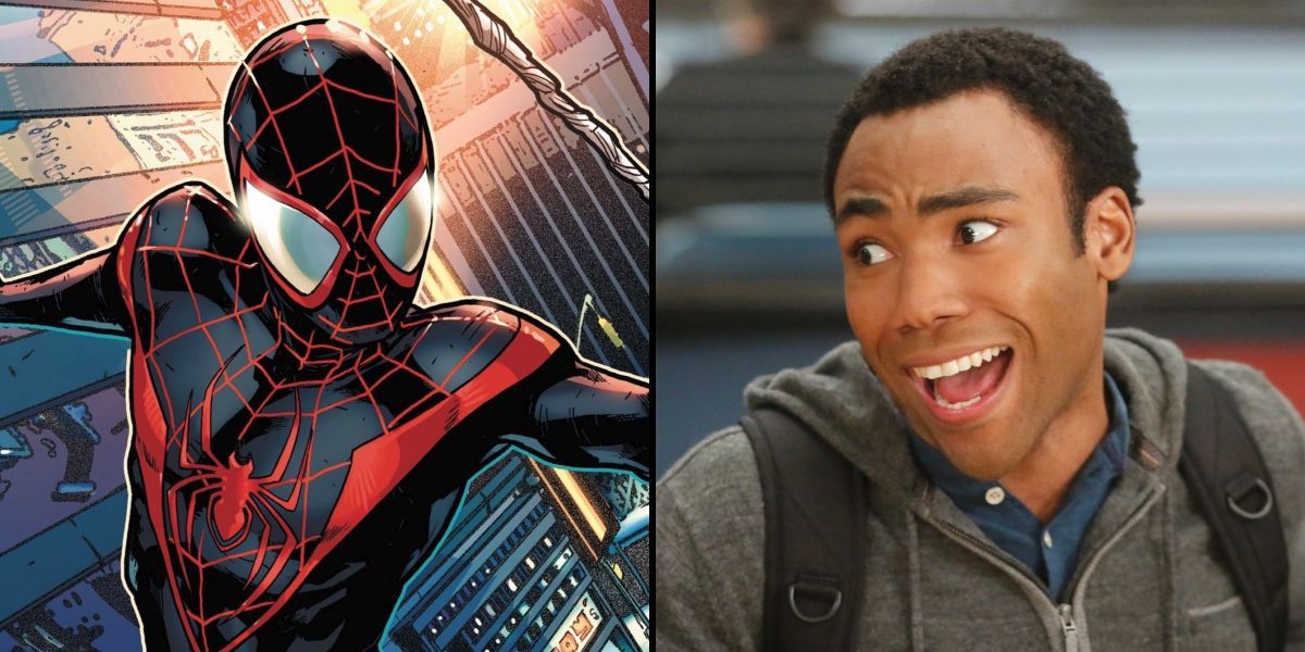 Split image of Donald Glover from Community and Miles Morales from Marvel Comics