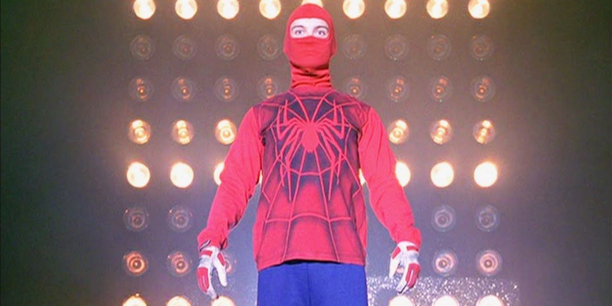 Tobey Maguire, as Peter Parker, in a homemade outfit in Spider-Man (2002)