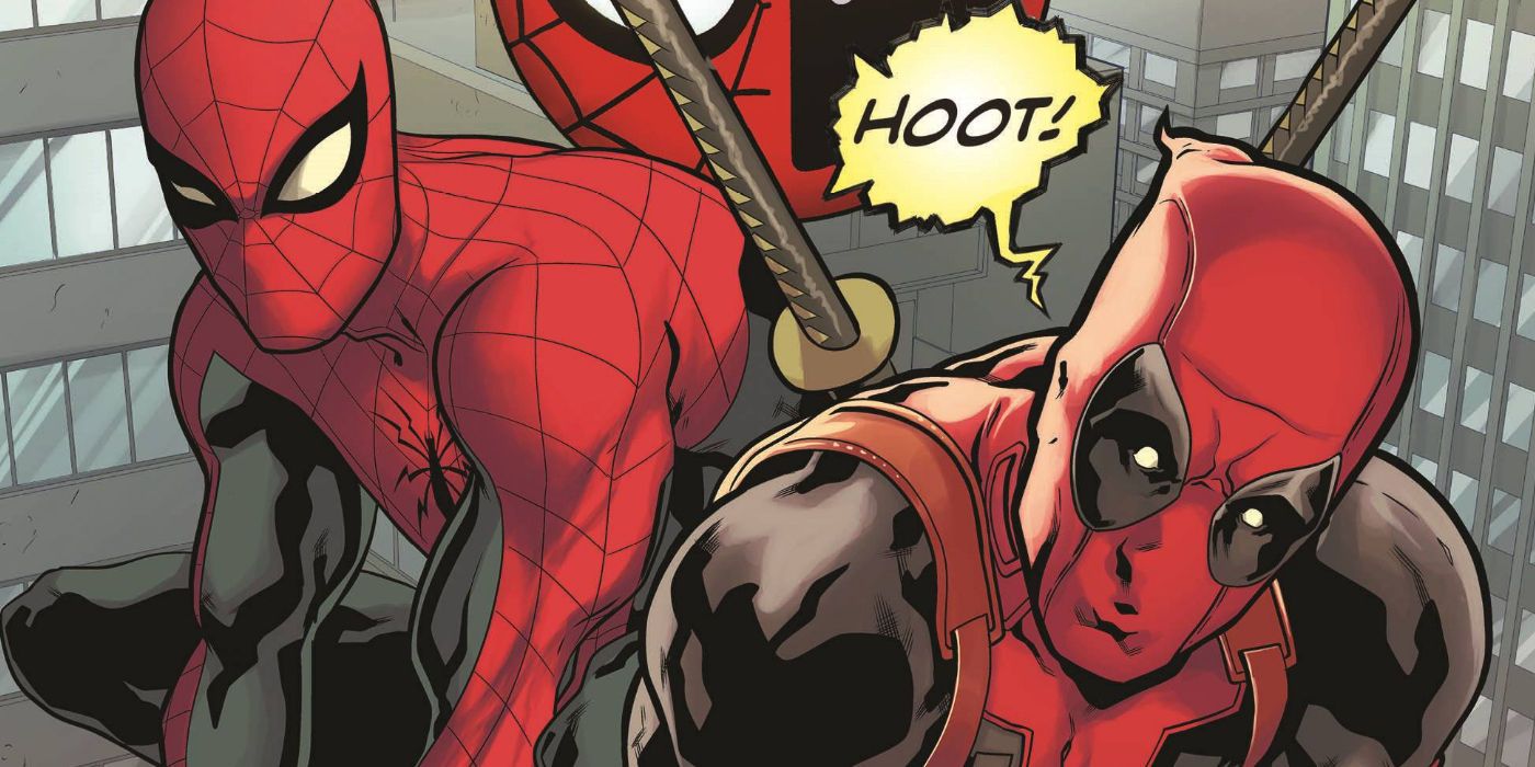 Deadpool and Spider-Man sit on a roof together