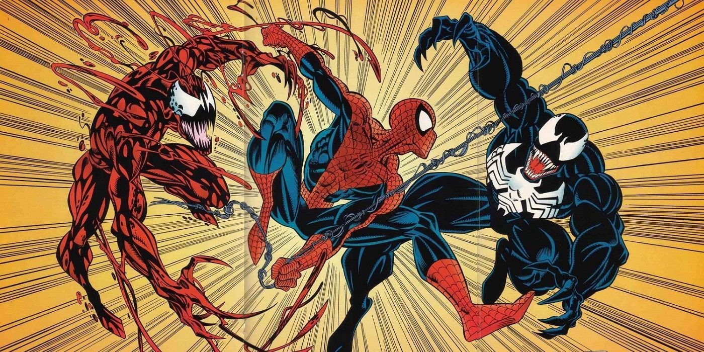 História em quadrinhos do Homem-Aranha vs Venom e Carnificina