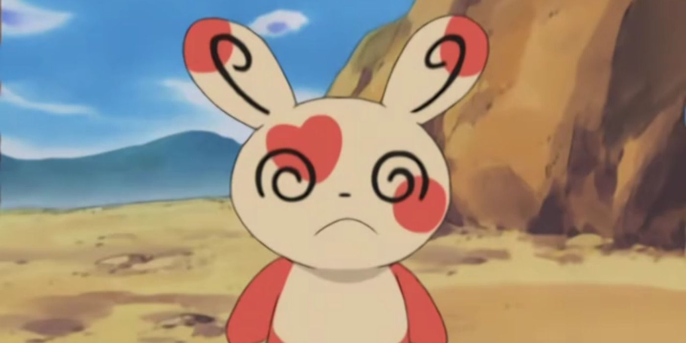 Spinda looks confused in a scene from the Pokemon anime