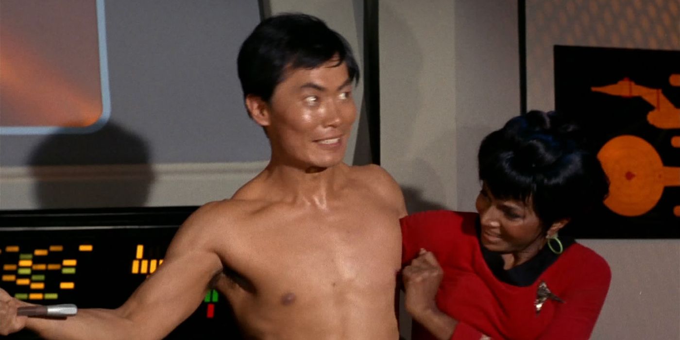 An afflicted Sulu defends &quot;fair damsel&quot; Uhura in &quot;The Naked Time&quot;