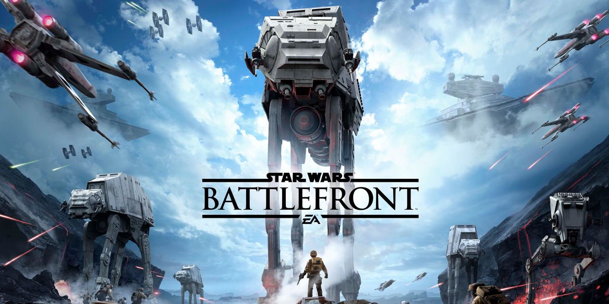 An ATAT looms over a rebel soldier from the title screen of Star Wars Battlefront
