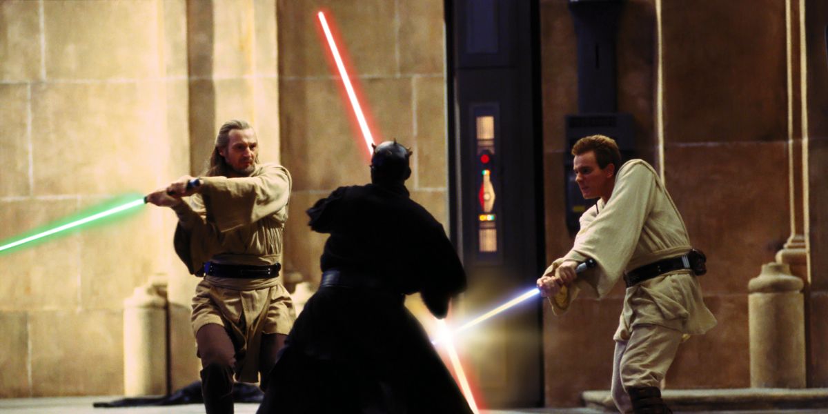 Obi Wan and Qui-Gon fight Darth Maul in The Phantom Menace