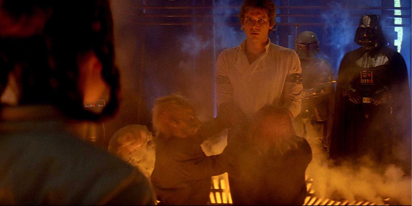 Han Solo gets frozen in carbonite in Star Wars The Empire Strikes Back.