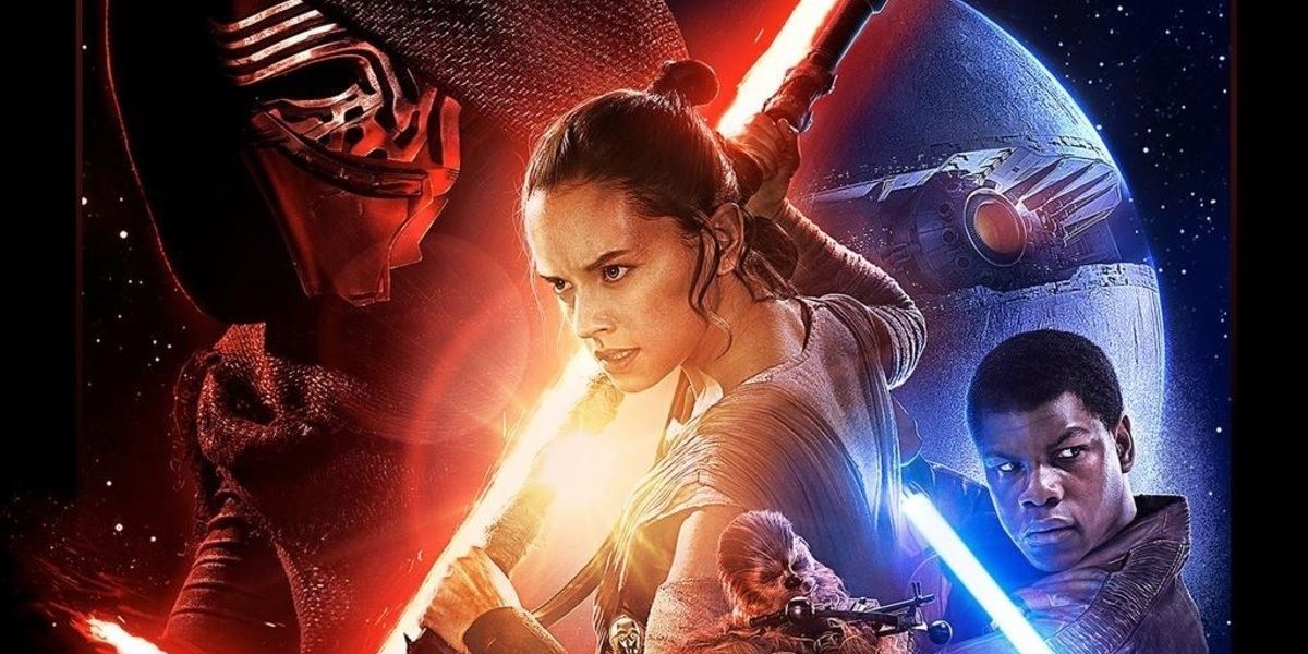 Several characters look on from the Star Wars Force Awakens poster