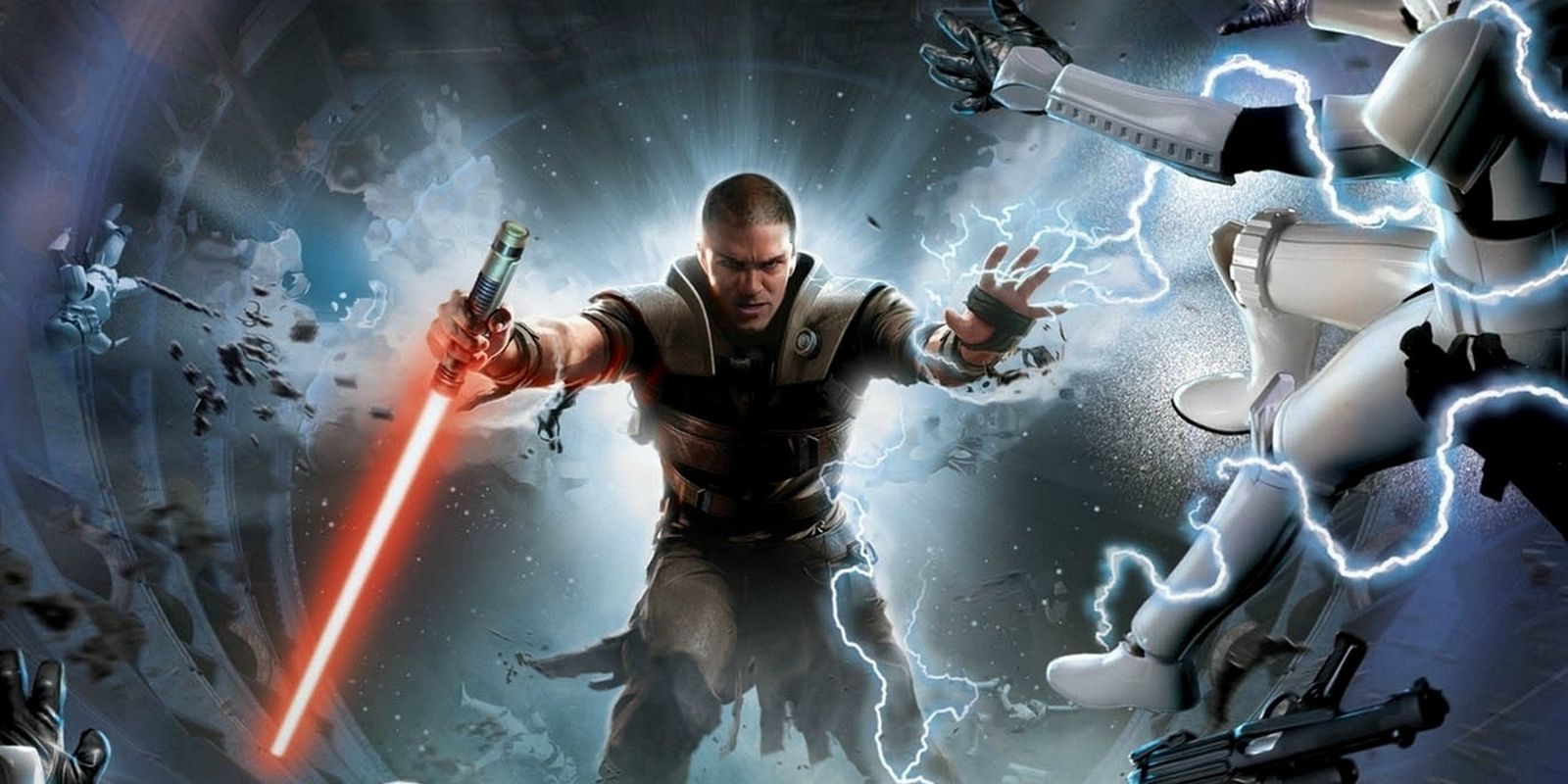 Arte principal de Star Wars: The Force Unleashed mostrando o personagem principal Starkiller segurando um sabre de luz vermelho e enviando Stormtroopers voando e cobertos de raios com a Força.