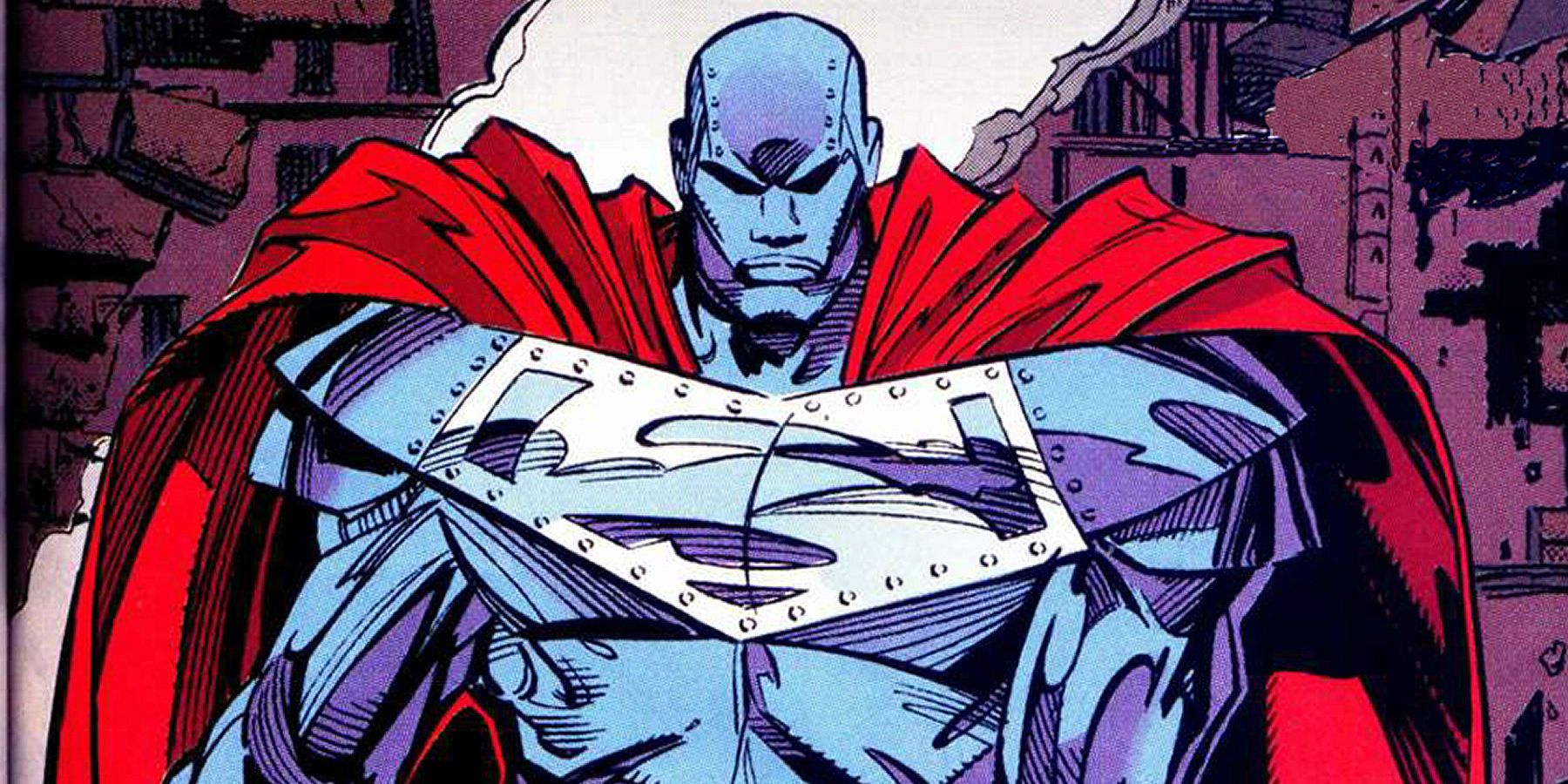 Steel appears in his armor from DC Comics.