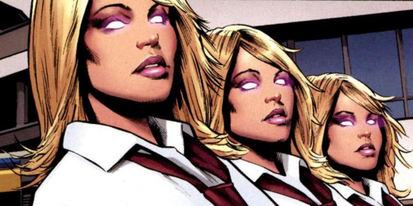 The Stepford Cuckoos with their eyes glowing in the comics