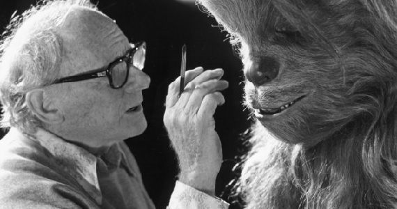 Stuart Freeborn with Chewbacca on the set of 'Star Wars'