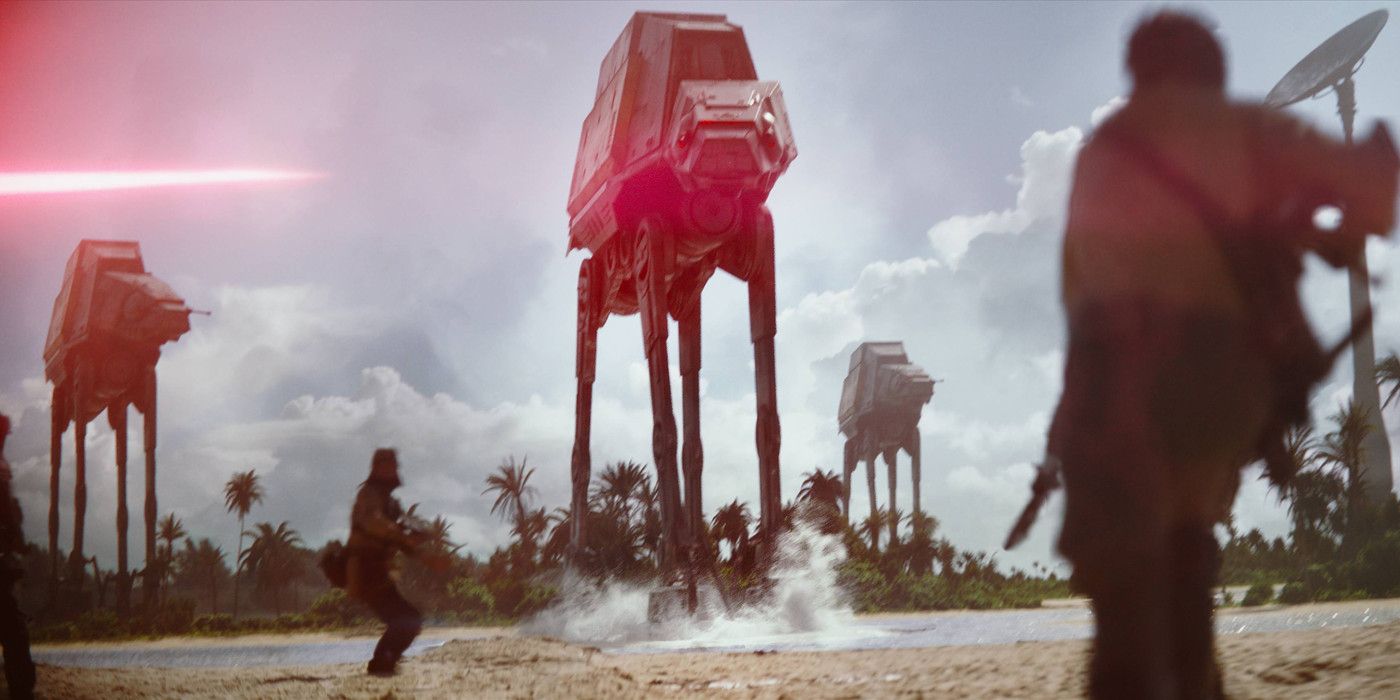 AT-ATs Attack Rebels on a Beach in Rogue One: A Star Wars Story