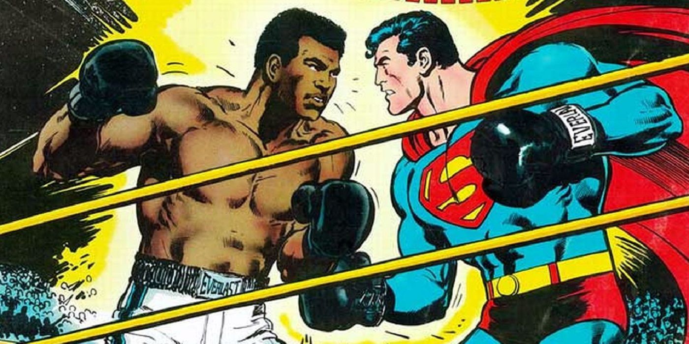 Superman and Muhammad Ali having a boxing match