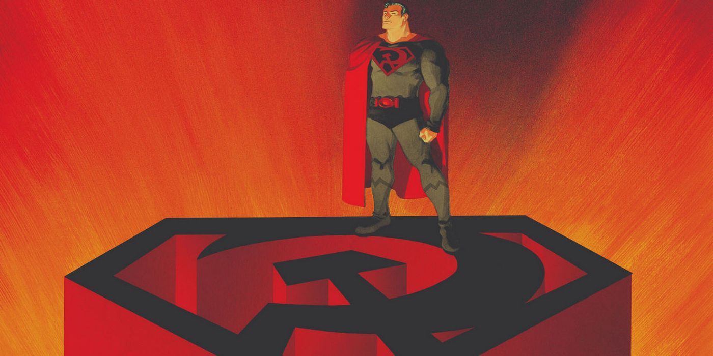 Superman standing on his Soviet-inspired logo in Red Son art.