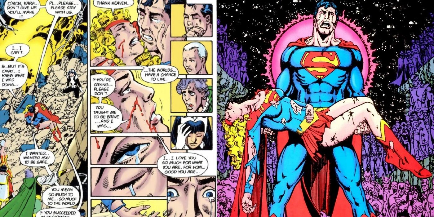 Superman holding dead Supergirl in Crisis on Infinite Earths