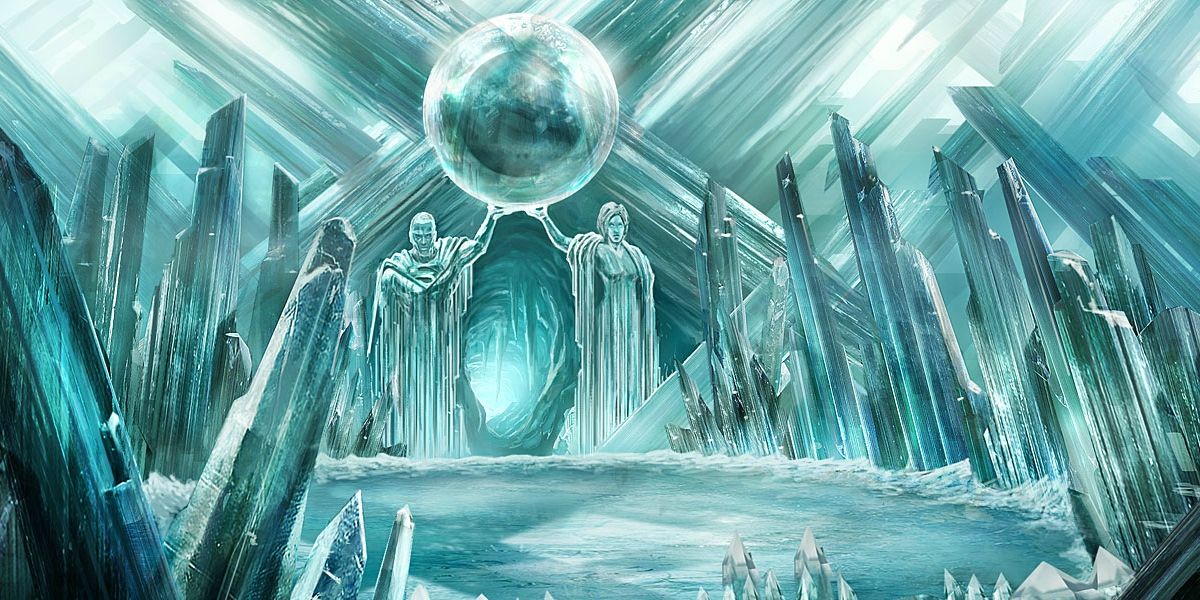 Superman's parents holding up Krypton in The Fortress of Solitude